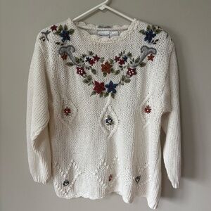 Vintage Hand Knit Embroidered Sweater Ramie and Cotton